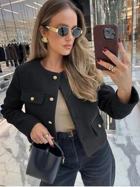 Classic Black Cropped Jacket with Gold Button Detail